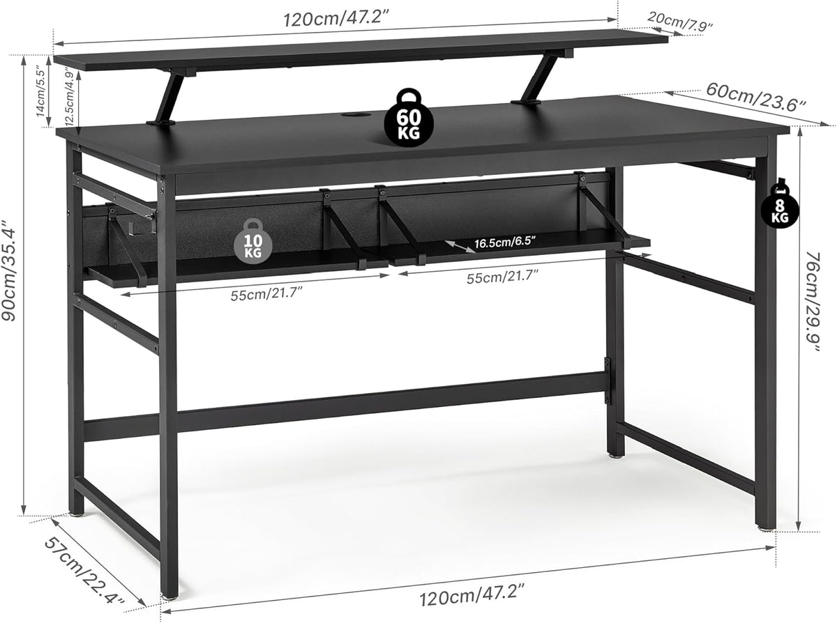 Mondeer Computerbureau, werkstation schrijfbureau met 2 verstelbare opbergplanken en grote monitorstandaard, ruimtebesparend voor thuiskantoor studio, 120 x 60 x 90 cm, zwart