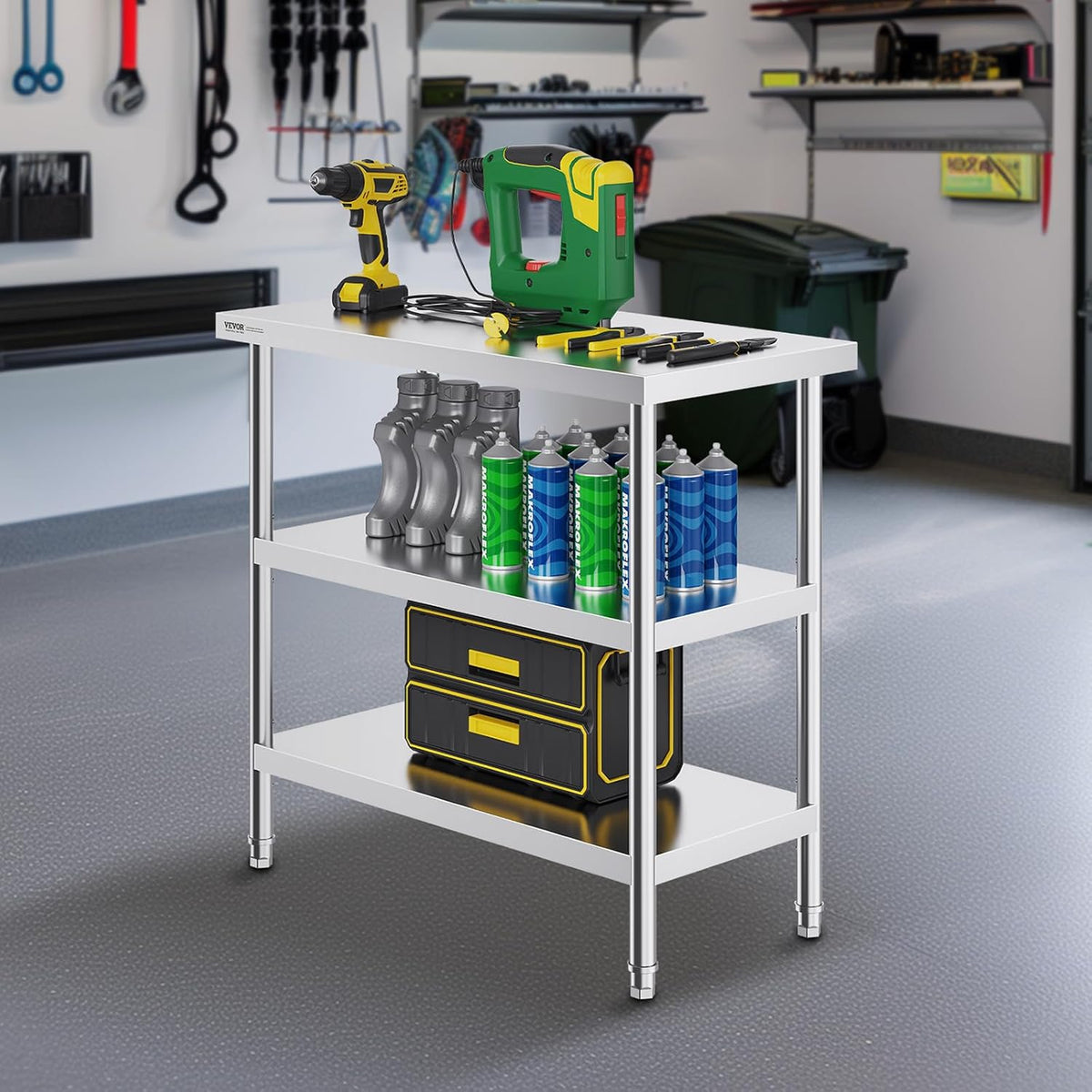 VEVOR Roestvrijstalen voedselbereidingstafel, 45 x 90 x 90 cm, commerciële keukenwerktafel, keukentafel, met 2 verstelbare onderplank, zware metalen werktafel voor barbecue, keuken, huis en garage