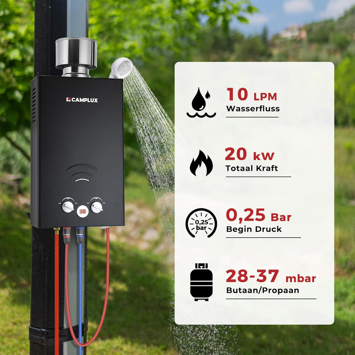 Camplux BW264BC 10 l gasboiler met regendeksel, gar-standaard, CE-gecertificeerd, voor kamperen, campers, paardenwassen