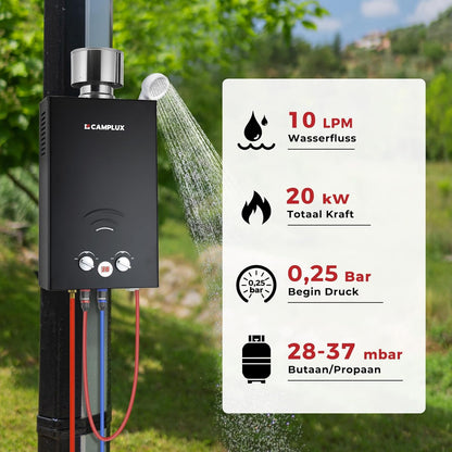 Camplux BW264BC 10 l gasboiler met regendeksel, gar-standaard, CE-gecertificeerd, voor kamperen, campers, paardenwassen