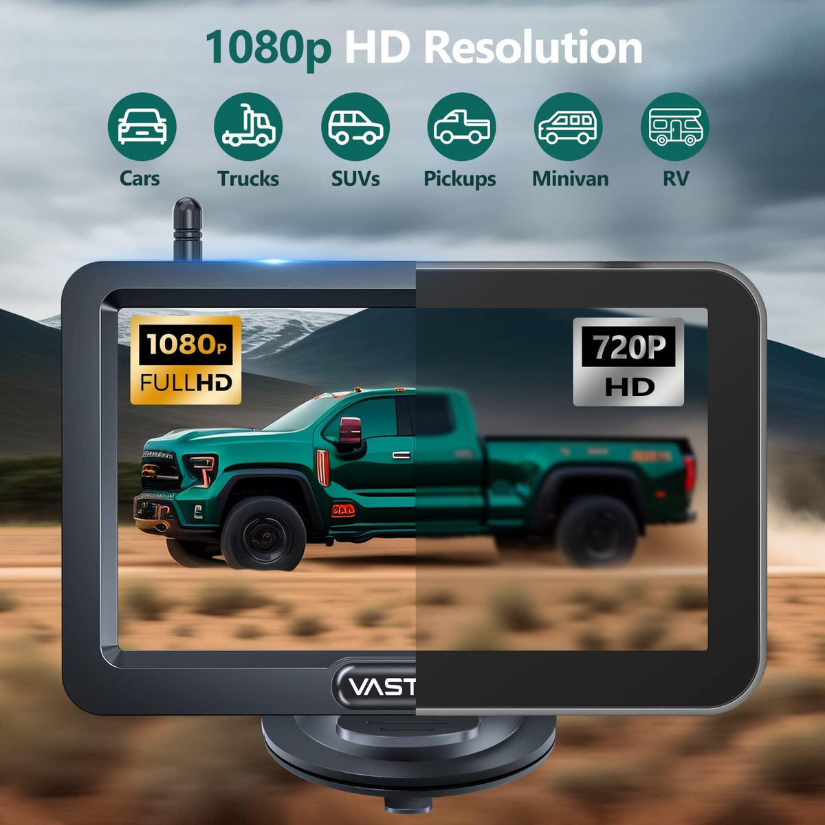 achteruitrijcamera Draadloze HD 1080P autocamera, 5'' monitor, gesplitst scherm 2 kanalen, waterdichte nachtzicht achteruitrijcamera set voor auto, SUV, personenauto (V02)
