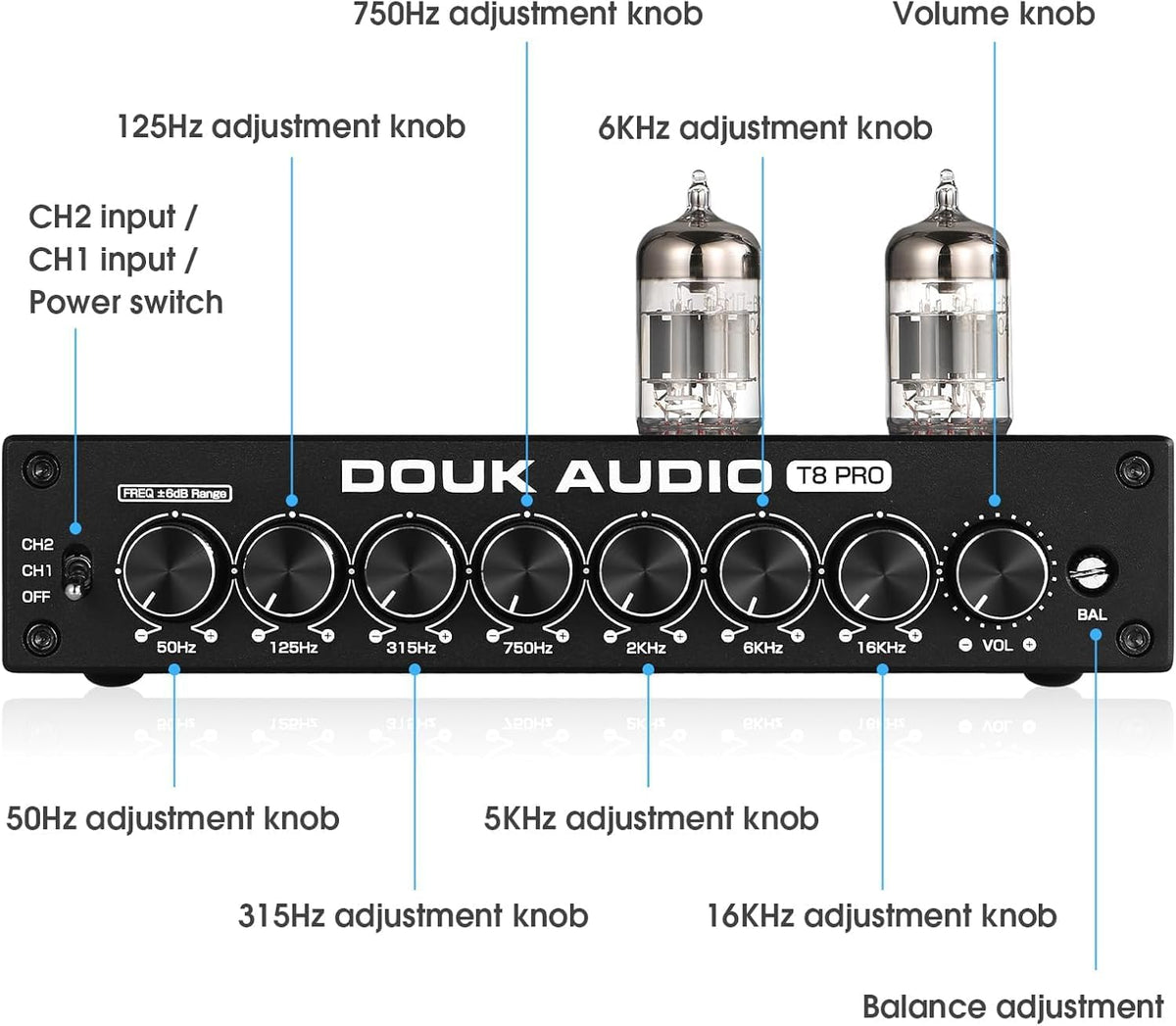 Douk Audio HiFi vacuümbuizen, equalizer, 7-band, EQ-voorversterker, XLR Preamplifier Home (T8 PRO)