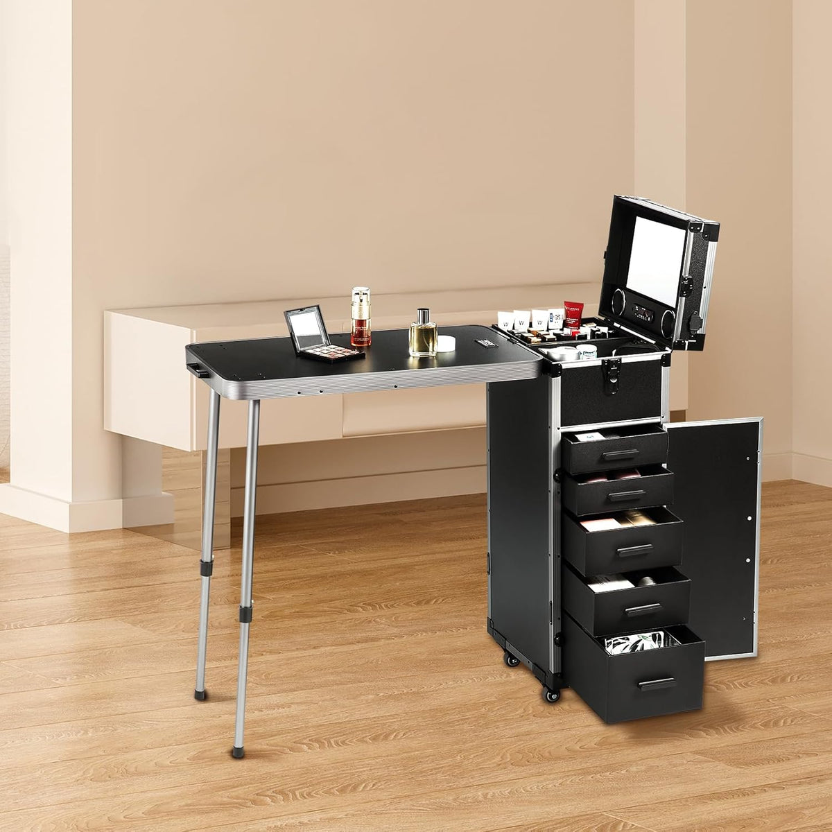 VEVOR Professionele make-uptas van aluminium, werkbank met steunpoten, make-uptas met wielen, grote reisorganizer, met 360° draaibare wielen, zwart, Zwart, cosmeticatas met wieltjes