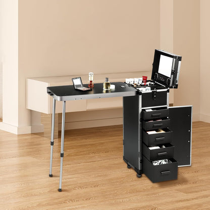VEVOR Professionele make-uptas van aluminium, werkbank met steunpoten, make-uptas met wielen, grote reisorganizer, met 360° draaibare wielen, zwart, Zwart, cosmeticatas met wieltjes