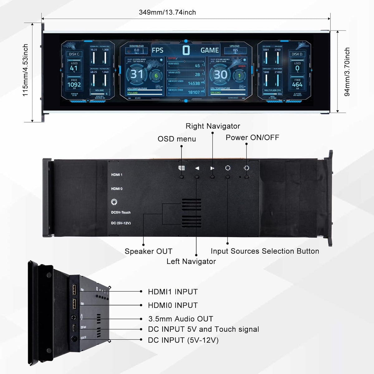 GeeekPi 12,6 inch IPS LCD-touchscreenmonitor FHD 1920x515-scherm, geschikt voor doe-het-zelf Y60 pc-behuizing CPU GPU secundair monitorpaneel, dubbele luidsprekers, met maximaal 10 multi-touch-punten