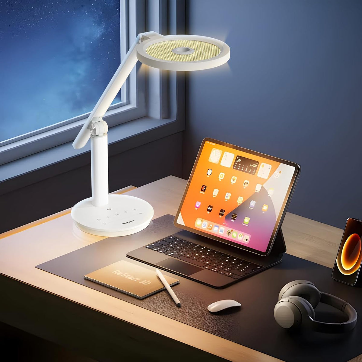 Honeywell Desk Lamp for Home Office, H6 Sunturalux Eye-Caring Led Desk Light, 800LM Dimmable Desk Lamp with Timer, Touch Control Tall Desk Reading Light, Table Lamp for Circle Webcam, Study, Bedroom