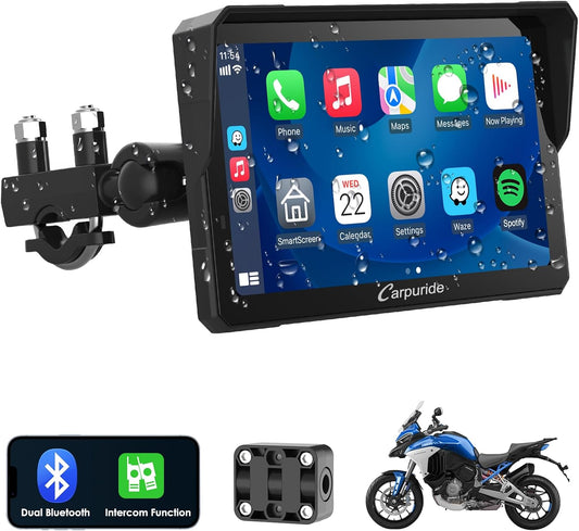 Carpuride W702 Pro motorfiets Carplay scherm met intercomfunctie, draadloze CarPlay en Android auto, draagbaar waterdicht 7 inch touchscreen, verbeterde dual bluetooth, navigatie, kompas.