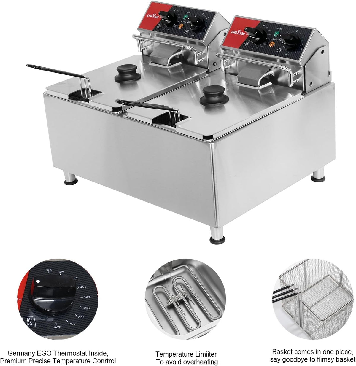 CROSSON Commerciële Friteuse 16L,230V/6500W Elektrische Friteuse met Dubbele Tank, Temperatuurregeling 80-200°C,Snel opwarmen,voor Keuken,Restaurant