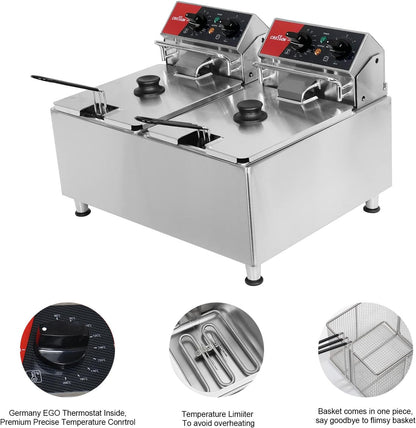 CROSSON Commerciële Friteuse 16L,230V/6500W Elektrische Friteuse met Dubbele Tank, Temperatuurregeling 80-200°C,Snel opwarmen,voor Keuken,Restaurant
