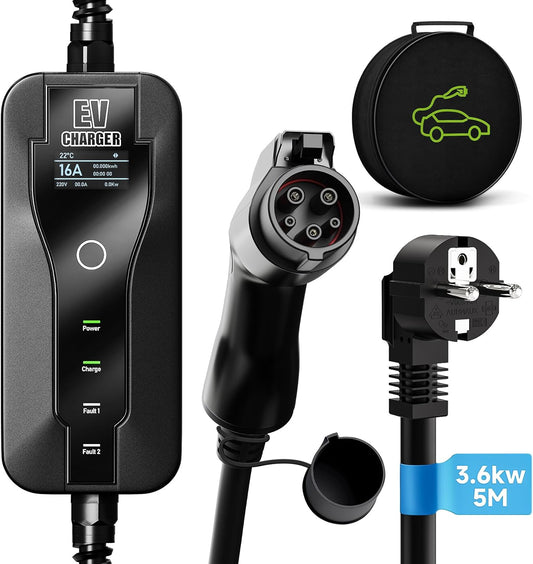 5M EV Oplader Type 2, Type 2 EV-Oplader, 3.6kW Elektrische Voertuiglader, 8-16A Schakelbare Stroom, met Controleerbare Digitale Display, Elektrische Auto Oplaadkabel, met Zak (SAE J1772)