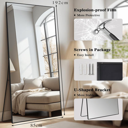 Grote staande spiegel over heel de lengte, vrijstaande vloerspiegel voor de slaapkamer, woonkamer en entree, ideaal voor elke ruimte, rechthoekige zwarte rand, 192 x 85 cm