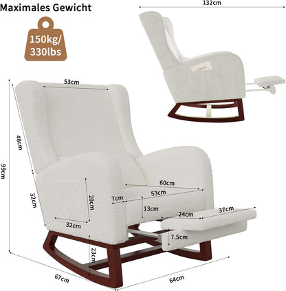 Schommelstoel – Relaxstoel – Fauteuil – Voedingsstoel – Schommelstoel Met Voetensteun – Schapenvacht Bekleding – Ergonomisch Lendenkussen – Zijvakken