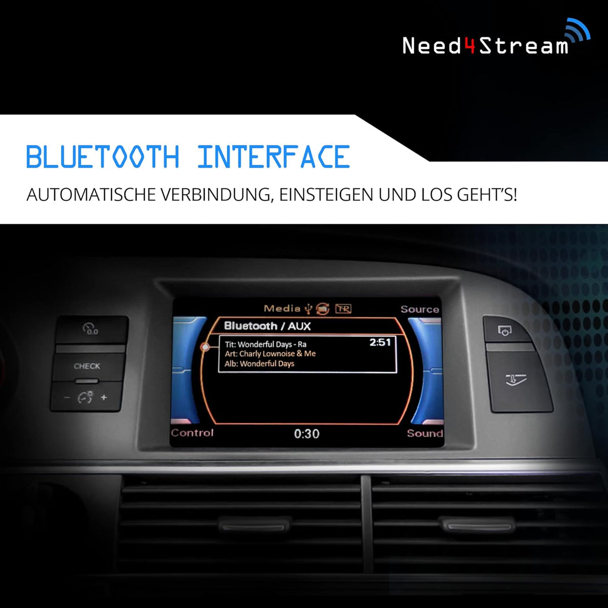 Bluetooth audio-interface voor auto met AUX-aansluiting – Bluetooth audio adapter – Bluetooth muziekadapter – Bluetooth adapter – Bluetooth muziekstreamer – Automatische koppeling bij starten – Titel- en artiestweergave op display