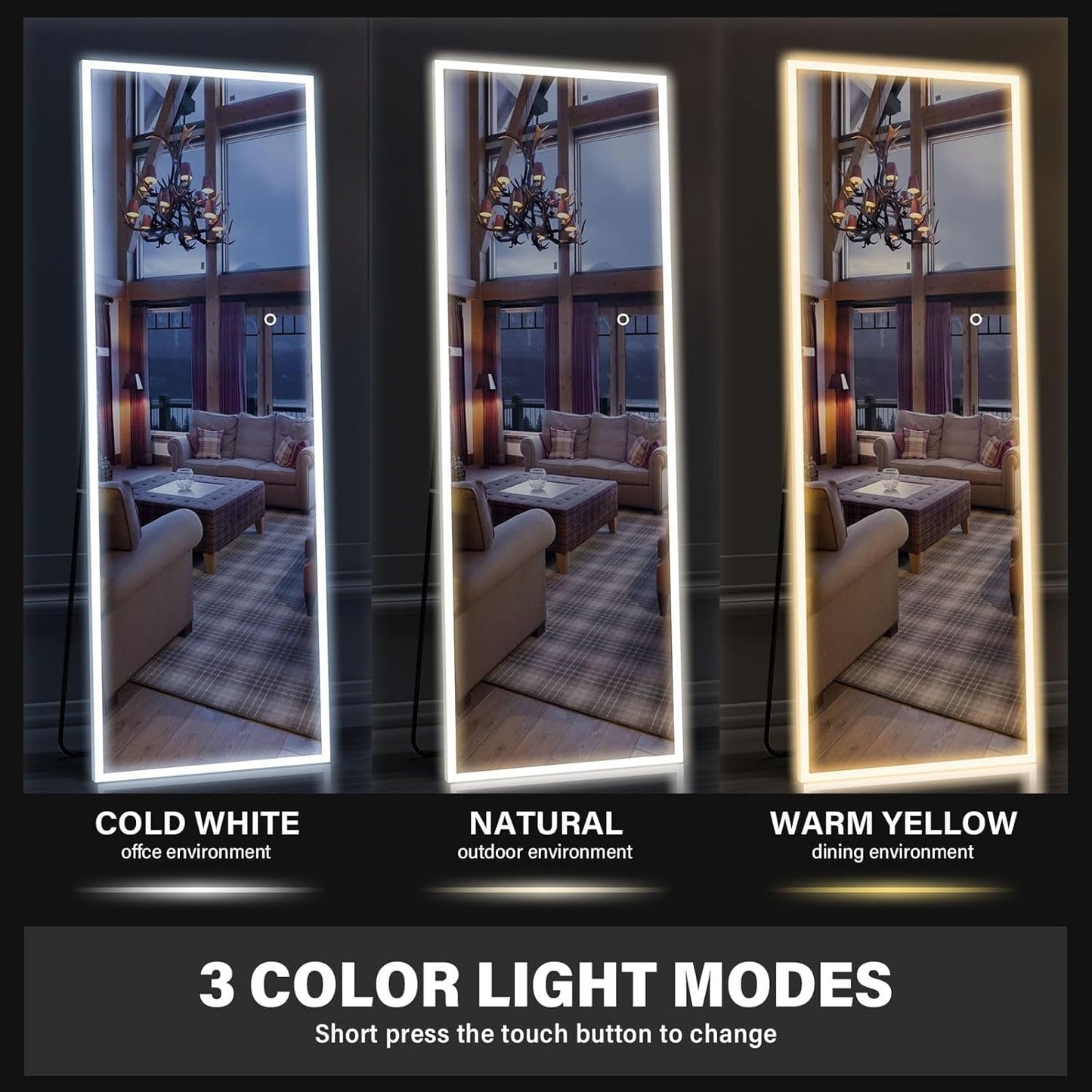 CASSILANDO Spiegel in volledige lengte 160 x 50,8 cm met ledlampen, staande vloerspiegel, wandspiegel, variabele kleur en helderheidsinstelling voor slaapkamer, led, wit met standaard
