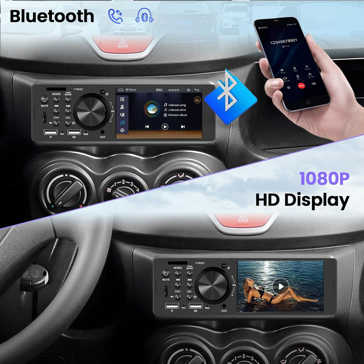 Hikity 1 DIN autoradio met 4 inch IPS touchscreen, bekabeld Carplay en Android, Bluetooth 5.1, Mirror Link, FM RDS EQ, 2USB, AUX, TF Card, MIC, achteruitrijcamera