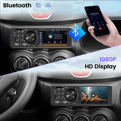 Hikity 1 DIN autoradio met 4 inch IPS touchscreen, bekabeld Carplay en Android, Bluetooth 5.1, Mirror Link, FM RDS EQ, 2USB, AUX, TF Card, MIC, achteruitrijcamera
