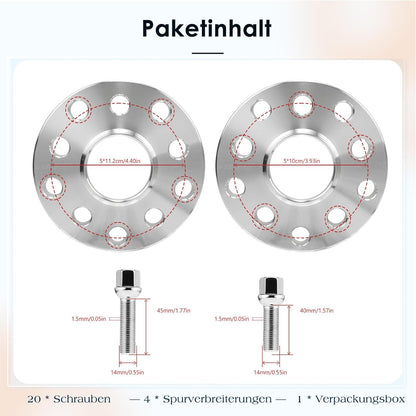 4 stuks 15mm & 20mm spoorverbredingsafstandsschijven set LK: 100/5+112/5 NLB: 57,1 met 20 stuks wielbouten M14x1,5 40/45mm voor VW Golf