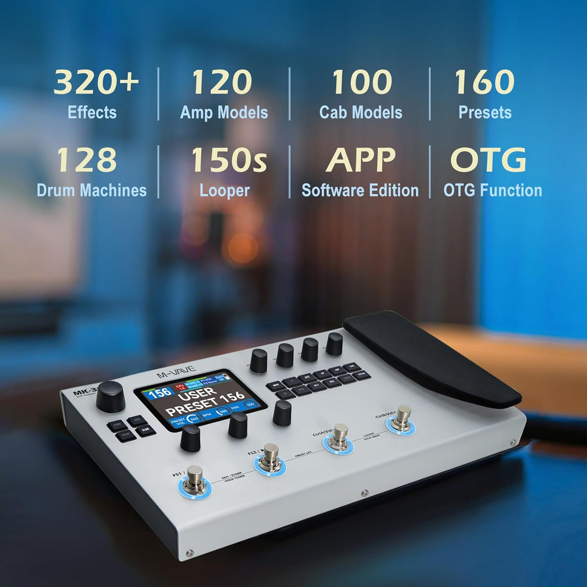 M-Vave MK-300 Multieffectprocessor voor gitaar en bas, 11 modules, meer dan 320 effecten, 120 versterkers, IR-loader, loopper, drumcomputer, BT- en USB-geluidskaart