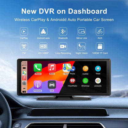 LEXXSON Draagbare autoradio met draadloos CarPlay Android autodisplay, 4K dashcam en 1080p achteruitrijcamera, 3-in-1 met IPS touchscreen, Car Play Bluetooth/FM/AUX/TF-kaart, plug & play