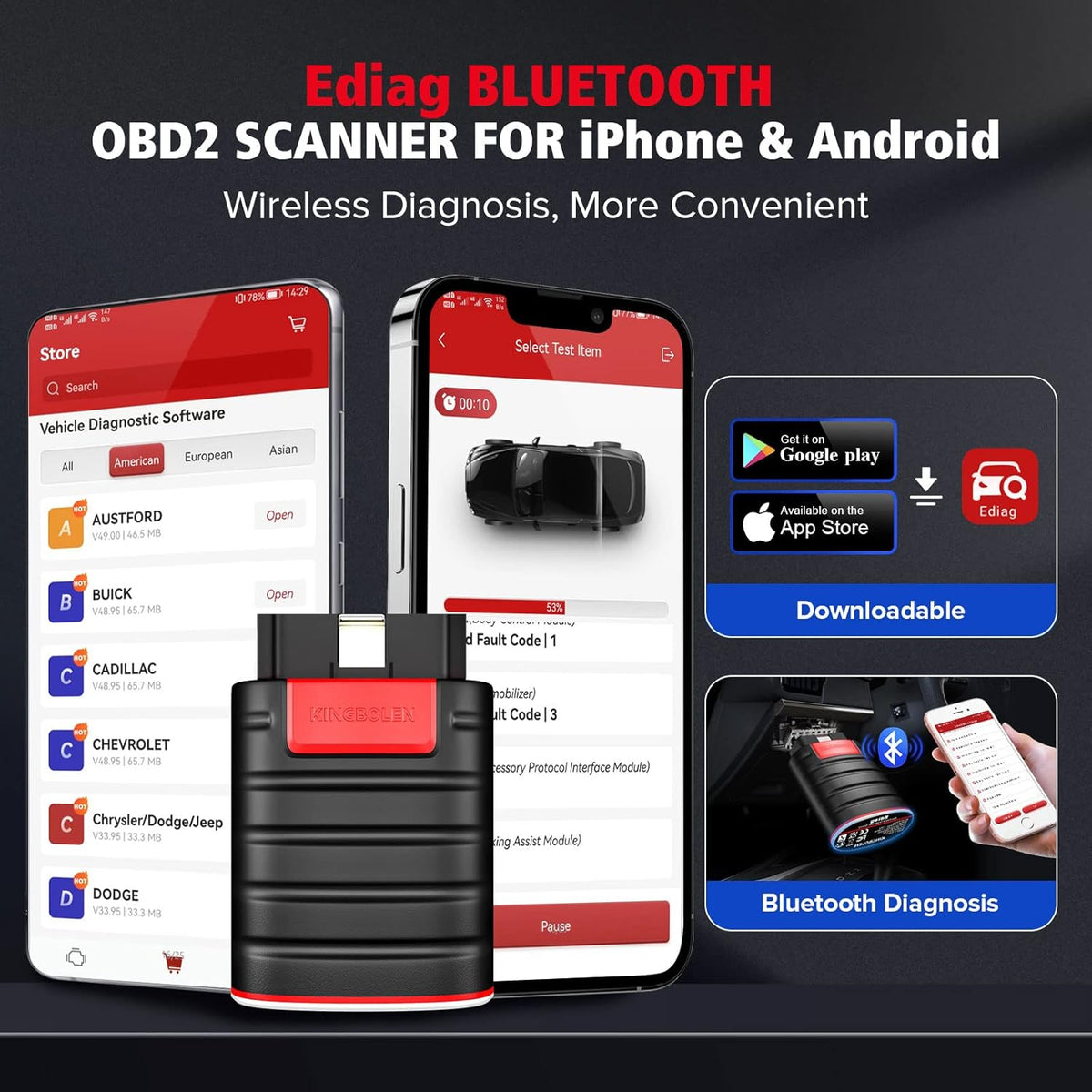 KINGBOLEN Ediag OBD2 Scanner Bluetooth, volledig systeem draadloze autoscanner met actieve tests, ECU-codering, 16 resets, olie/rem/EPB/TPMS, DPF-regeneratietool 1 jaar gratis update.