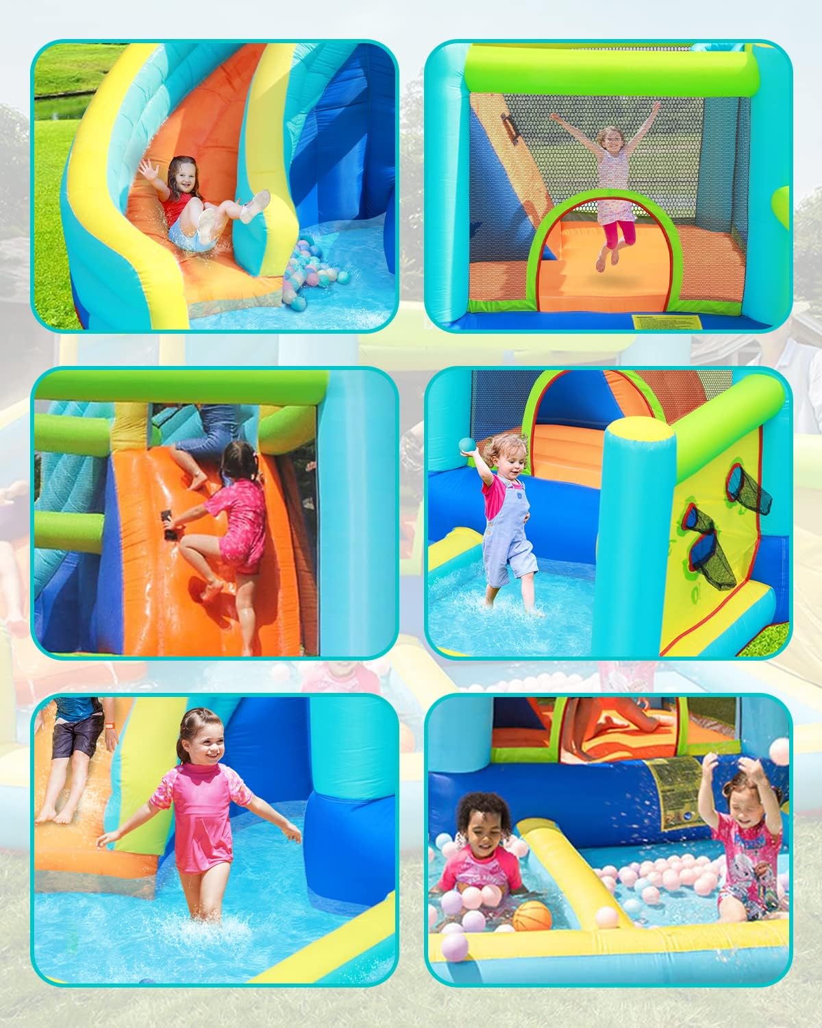 FBSPORT Springkasteel met ventilator, waterspeelcentrum met droog-/waterglijbaan, kinderbadje, klimwand, spring- en basketbalmand, groot springkasteel voor binnen en buiten, geschikt voor maximaal 4