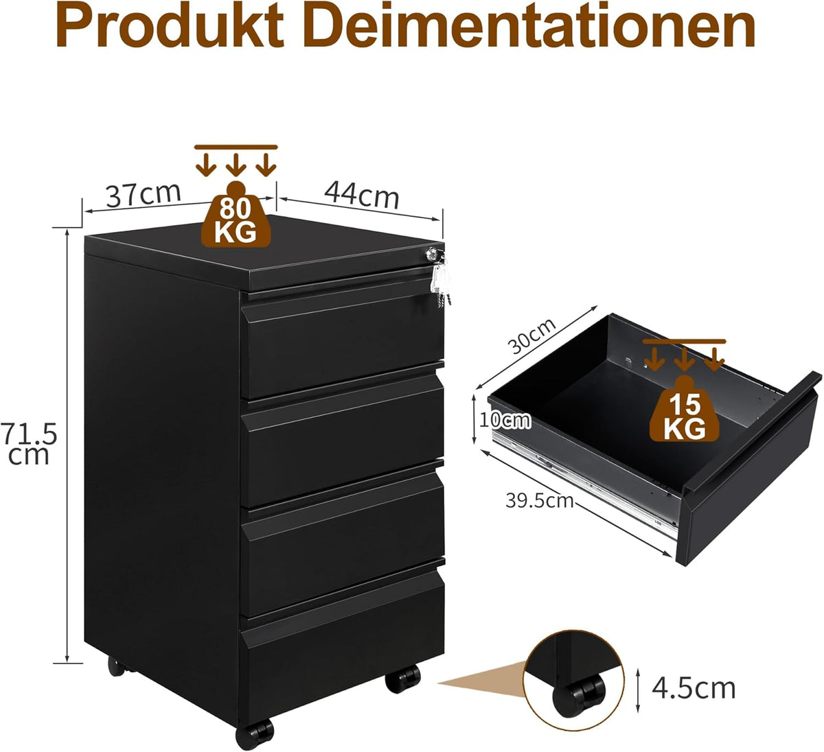Rollcontainer, mobiele archiefkast, 4 laden, afsluitbaar, 37 x 44 x 71,5 cm, zwart OFC241B01HI