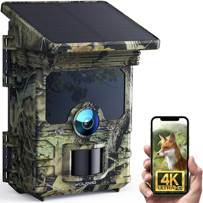 WOLFANG Solar Wildlife Camera 4K 68MP, WiFi Bluetooth Trail Camera met Nachtzicht Motion Activated 0.1s Trigger Time IP66 Waterdichte Game Camera voor Wildlife Monitoring met U3 32GB Micro SD-kaart
