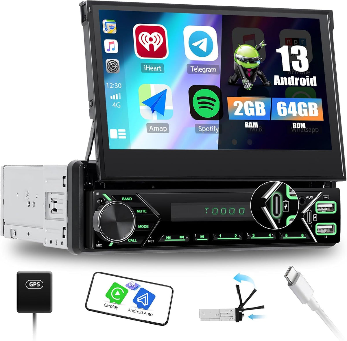 [2GB+64GB] SIXWIN 1 Din Android 13 autoradio met navigatiesysteem, 7 inch uitschuifbaar display autoradio met WiFi verbonden/GPS/Bluetooth/FM-ontvanger/USB/EQ/Mirror Link