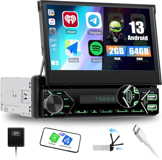 [2GB+64GB] SIXWIN 1 Din Android 13 autoradio met navigatiesysteem, 7 inch uitschuifbaar display autoradio met WiFi verbonden/GPS/Bluetooth/FM-ontvanger/USB/EQ/Mirror Link