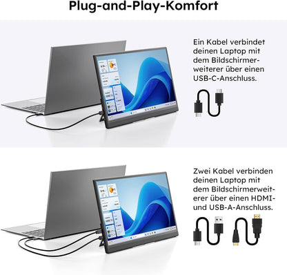 Portable Monitor 15.6" with Custom Stand, 1080P FHD Portable Monitor with Speaker, Ultra Slim USB-C & HDMI External Display for Laptop/PC/Mac/Xbox - with VESA Holes - QUORE