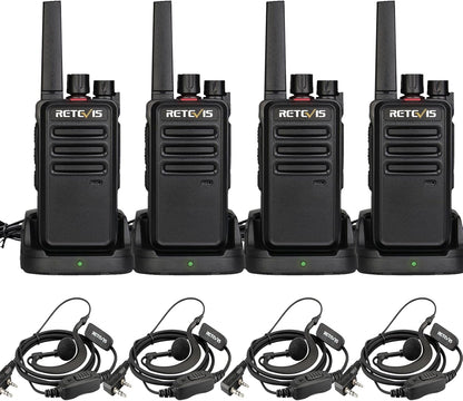 Retevis RT668 Walkie Talkie, PMR446 Licentievrij 16 Kanalen, Walkie Talie set met Oordopjes, Handsfree VOX, CTCSS/DCS, Squelch TOT Scan, Hotel, Familie, Portofoon Oplaadbaar (Zwart, 4 Stuks)