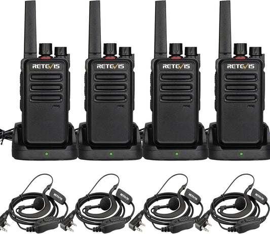 Retevis RT668 Walkie Talkie, PMR446 Licentievrij 16 Kanalen, Walkie Talie set met Oordopjes, Handsfree VOX, CTCSS/DCS, Squelch TOT Scan, Hotel, Familie, Portofoon Oplaadbaar (Zwart, 4 Stuks)