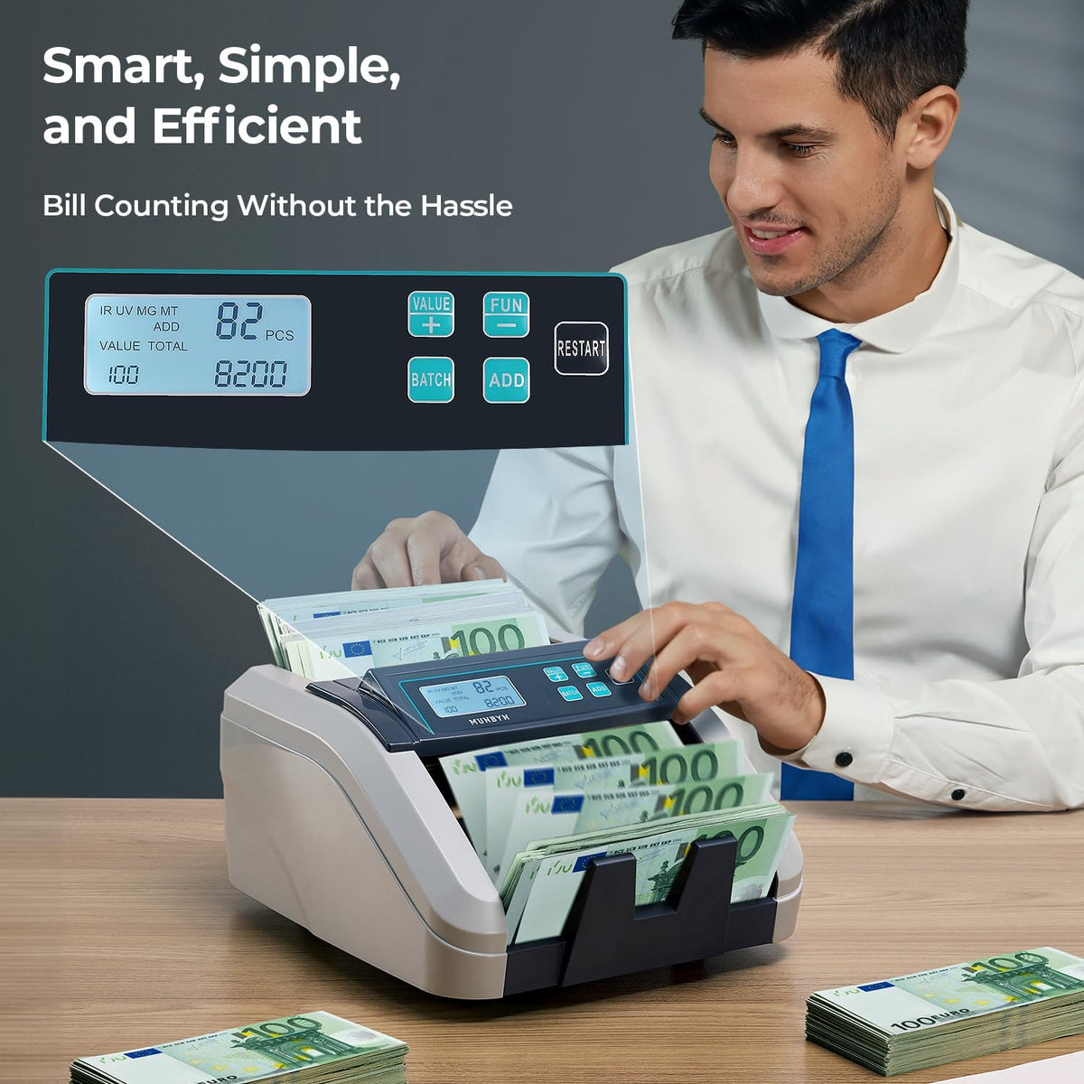 MUNBYN IMC51 geldtelmachine, add+batch/value-modus bankbiljettenteller, UV/MG/IR/MT-detectie, alleen EUR-geldteller, 1100 vellen/min, LCD-display, 2 jaar garantie, grijs, kan gemengde noten niet