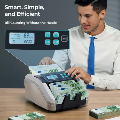 MUNBYN IMC51 geldtelmachine, add+batch/value-modus bankbiljettenteller, UV/MG/IR/MT-detectie, alleen EUR-geldteller, 1100 vellen/min, LCD-display, 2 jaar garantie, grijs, kan gemengde noten niet