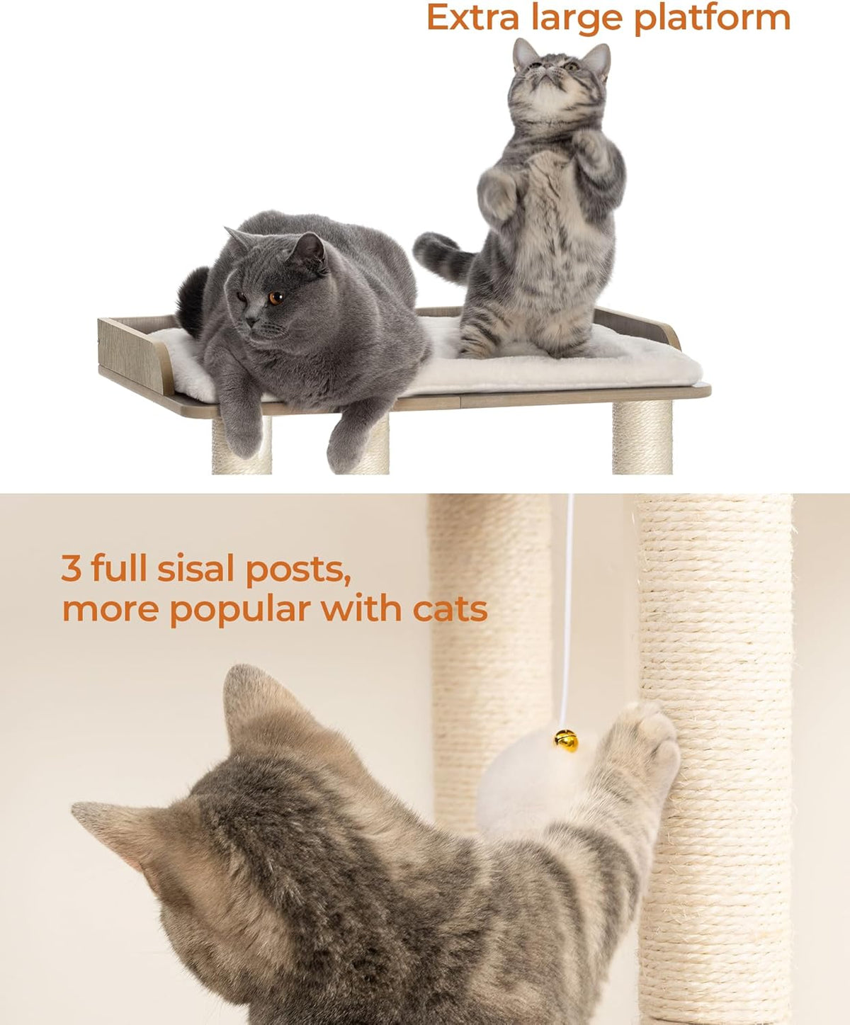 Kattenkrabpaal – Krabboom – Kattenboom – Krabpaal Kat – Krabmeubel – Groot Platform 50x34 cm – Drie Natuurlijke Sisal Kolommen 60 cm Hoog – Greige