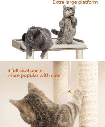 Kattenkrabpaal – Krabboom – Kattenboom – Krabpaal Kat – Krabmeubel – Groot Platform 50x34 cm – Drie Natuurlijke Sisal Kolommen 60 cm Hoog – Greige