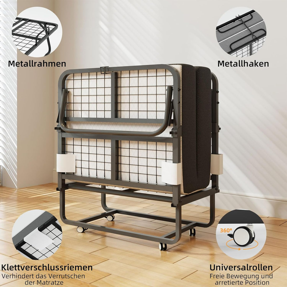 Deluxe opklapbed (incl. 13 cm dik traagschuimmatras), inklapbaar logeerbed, volwassenen 80 x 190 cm, metalen klapframe, versterkt metalen rooster, stofbestendige opbergtas, belastbaarheid 200 kg