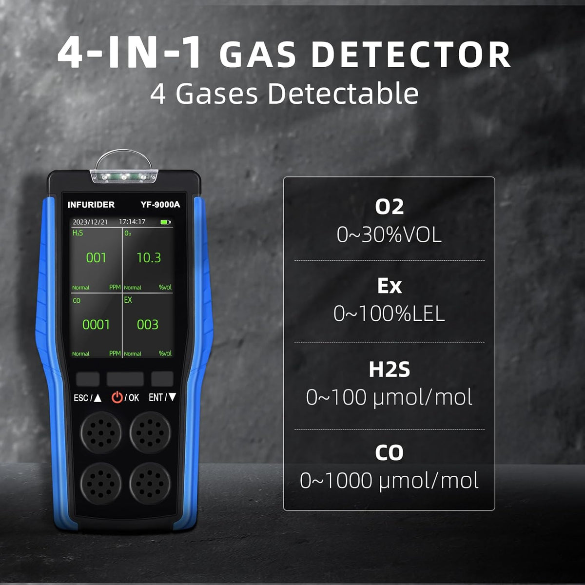 Gasmelder, H2S, CO, O2, LEL Meetapparaat, 4-in-1 Gasmonitor, Gaslekkagespray met LCD-weergave in realtime, Gaslekkagedetector voor brandbare gassen