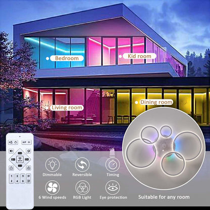RGB Plafondventilator met ledlicht, dimbaar, slaapkamer, stil, plafondventilator, met afstandsbediening, omkeerbaar, 6 snelheden, timing, kroonluchter, ventilator, woonkamer, Φ 95 cm, wit
