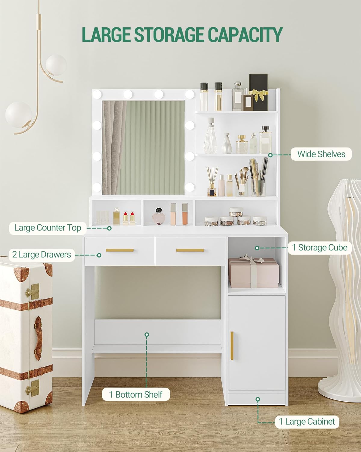 Hzuaneri Dressing Table with Mirror And 10 LED Lamps, Makeup Table with 3 Shelves and 4 Open Compartments, Dressing Table with 2 Drawers and Cabinet, 3 Adjustable Luminosities, WhiteDT32503X - QUORE