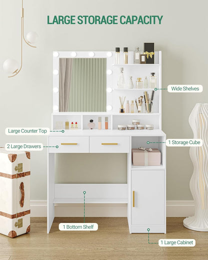 Hzuaneri Dressing Table with Mirror And 10 LED Lamps, Makeup Table with 3 Shelves and 4 Open Compartments, Dressing Table with 2 Drawers and Cabinet, 3 Adjustable Luminosities, WhiteDT32503X - QUORE