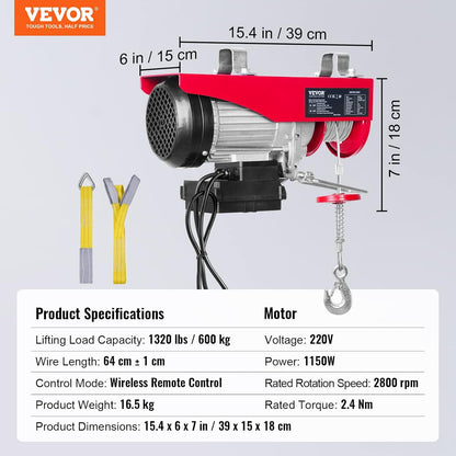 VEVOR Electric winch 300kg to 600kg lifting height 12m cable motor winch 1150W copper motor pulley 10m/min lifting speed lift with wireless remote cable lift chain hoist