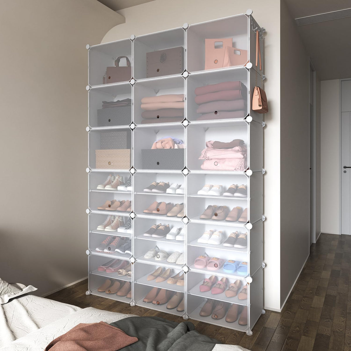 Schoenenkast – Schoenenrek – Schoenenopberger – Schoenendisplay – Schoenenbord – 12 Niveaus – Transparante Deuren – 72 Paar – Duurzaam Kunststof – Modulair Ontwerp - QUORE