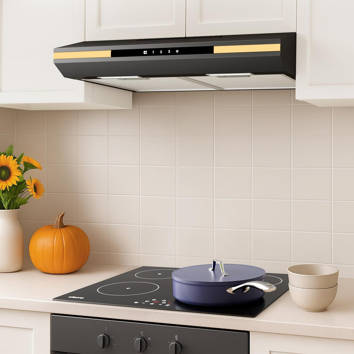 CIARRA CBCB6921 A+ Afzuigkap 60cm onderbouw 3 snelheden 300 m³/u zwart inbouwafzuigkap met touchbediening,afvoerstand en recirculatie afzuigkap met koolstoffilter CBCF011