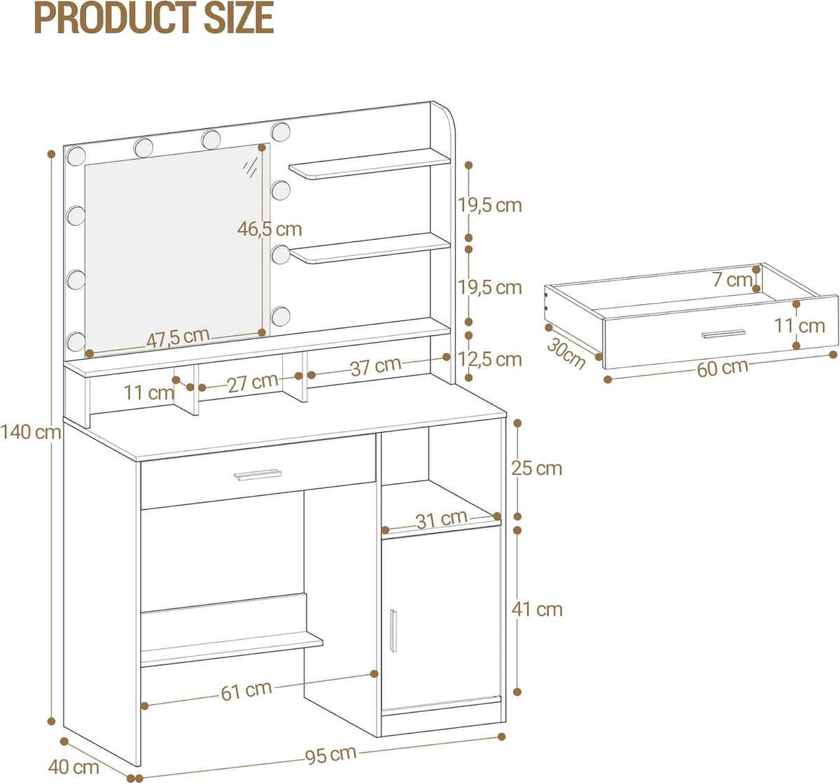 Hzuaneri Makeup Table with Mirror and 10 LED Lamps, Makeup Chest of Drawers with 3 Shelves and 4 Open Compartments, Large Drawer and Cabinet, 3 Adjustable Illumination Levels DT41303XEU