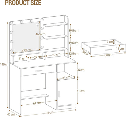 Hzuaneri Makeup Table with Mirror and 10 LED Lamps, Makeup Chest of Drawers with 3 Shelves and 4 Open Compartments, Large Drawer and Cabinet, 3 Adjustable Illumination Levels DT41303XEU