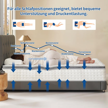 Matras 140 x 200 cm Hoogte 30 cm Veerkernmatras Orthopedische zakveerkernmatras Hardheidsgraad H3 Oeko-Tex gecertificeerd Matras voor volwassenen (30 CM, 140 x 200 cm)