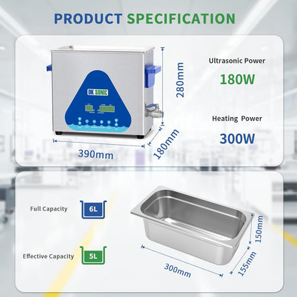DK SONIC Industriële Ultrasoon Reiniger, 6L 180W Geluidsreiniger met Verwarming & Timer, Digitale Bediening voor Motoren, Carburateurs, Kettingen (Inclusief Mandje)