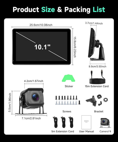 Achteruitrijcamera, 10,1 inch, IPS HD, 1080P, kleurenmonitor en 4 camera's, achteruitrijcamera met BSD DVR-opname, nachtzicht, dodehoekwaarschuwing, USB/TF, waterdichte camera voor vrachtwagen, camper