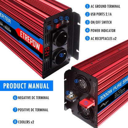 <font dir="auto" style="vertical-align: inherit;"><font dir="auto" style="vertical-align: inherit;">        3000W/6000W Pure Sine Wave Power Inverter 12V 230V with 2 EU Plug and 1 USB Port, Wireless Remote Control        </font></font>